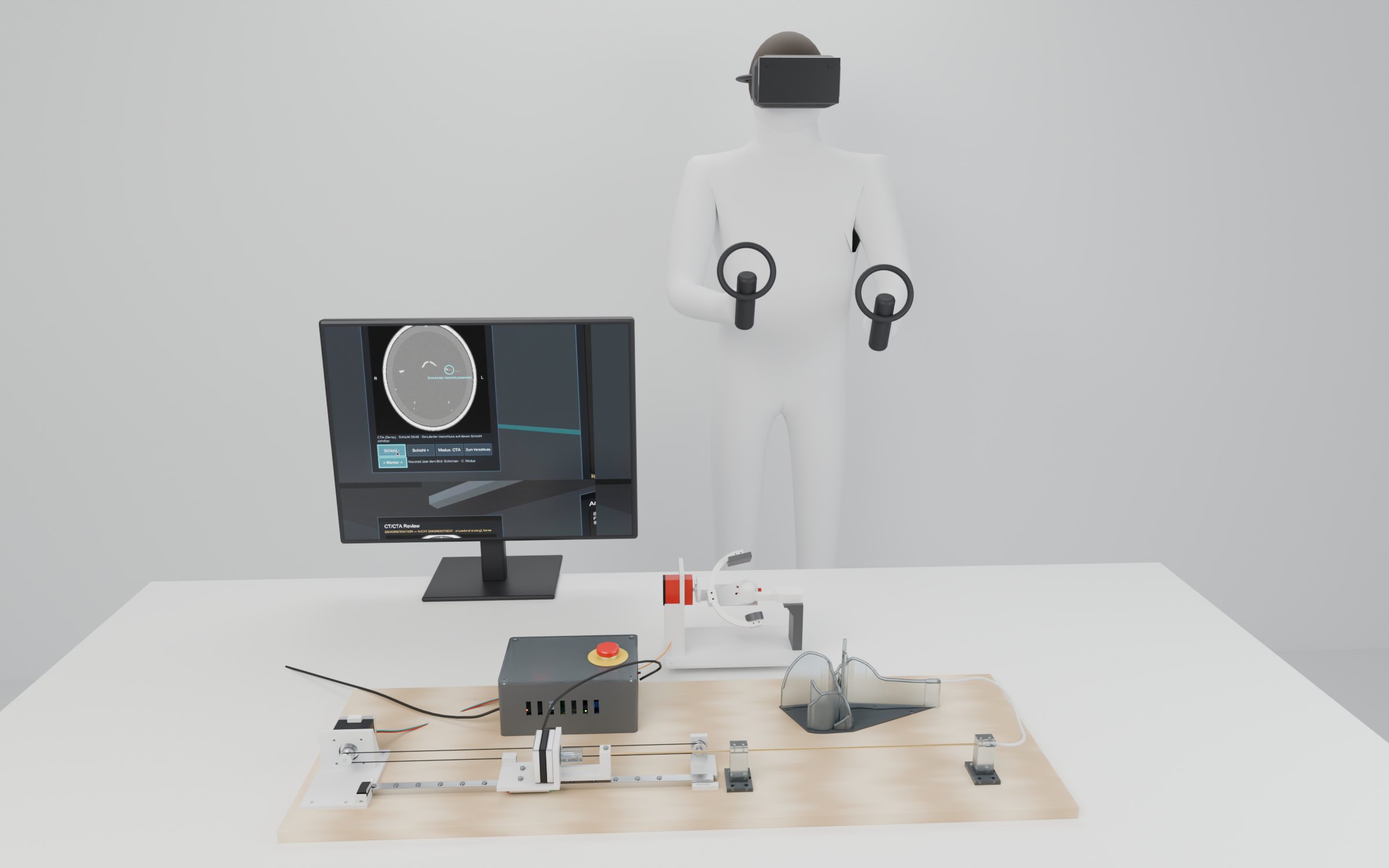Gerenderte Ansicht des Demonstrators: Drahtvorschub, transparentes Gefäßphantom, Elektronikbox, Miniatur-C-Bogen; im Hintergrund eine Person mit VR-Brille