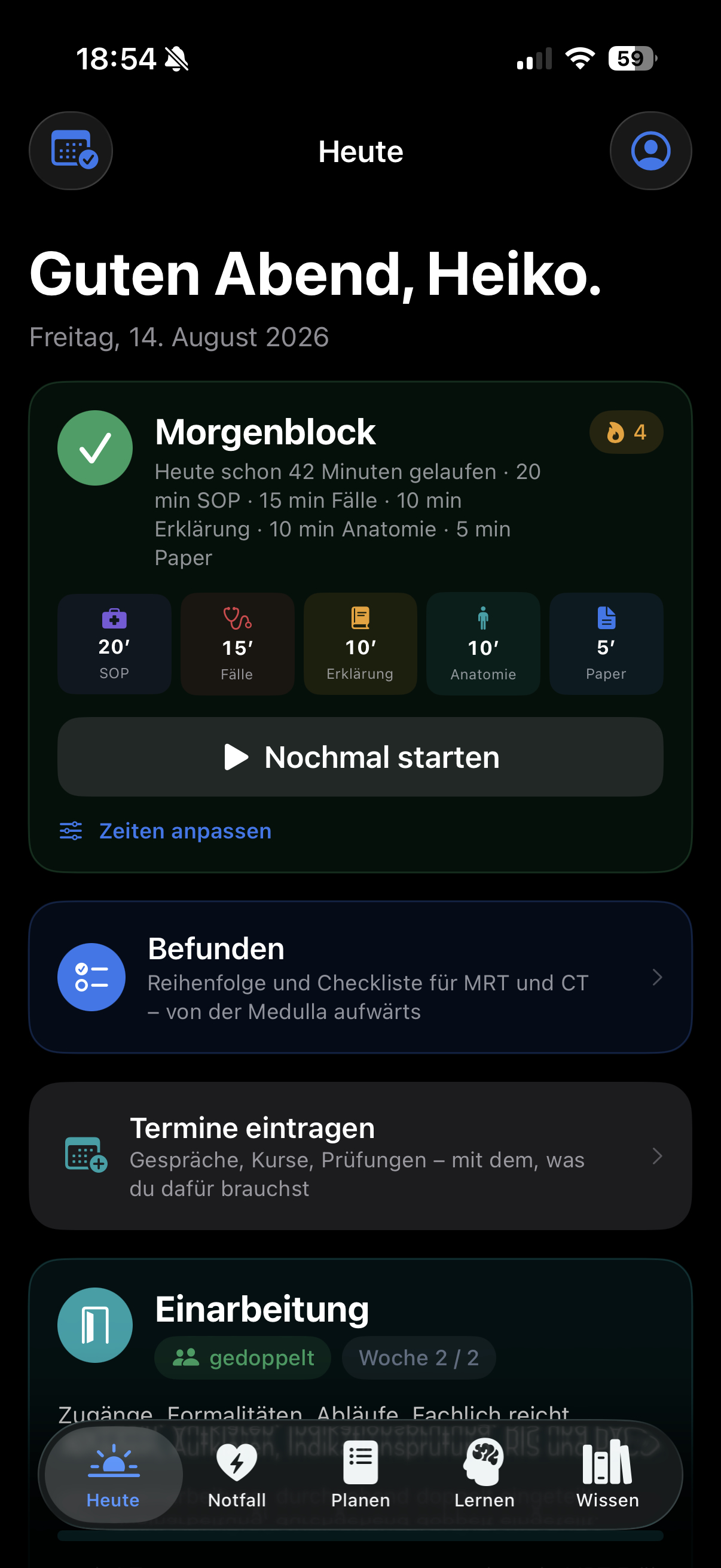 NeuroDesk – Tagesübersicht mit Morgenblock und Einarbeitung
