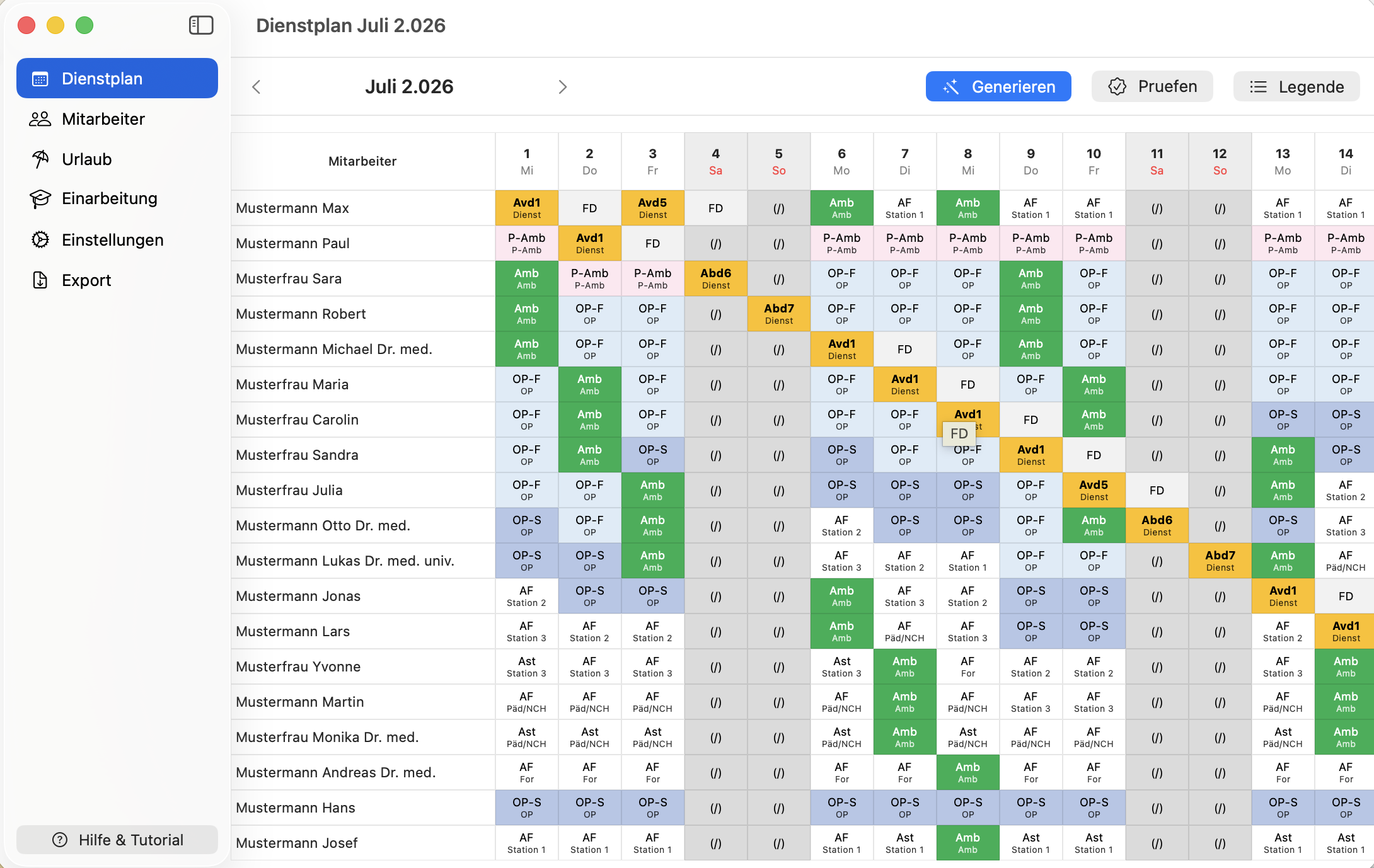 Dienstplan-App – Einstellungen und Besetzung